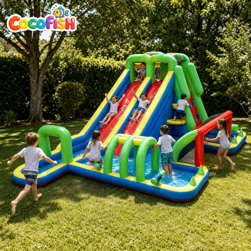 Water Slide Inflatable - 코코피쉬 대형 풍선 워터파크, 듀얼 레이싱