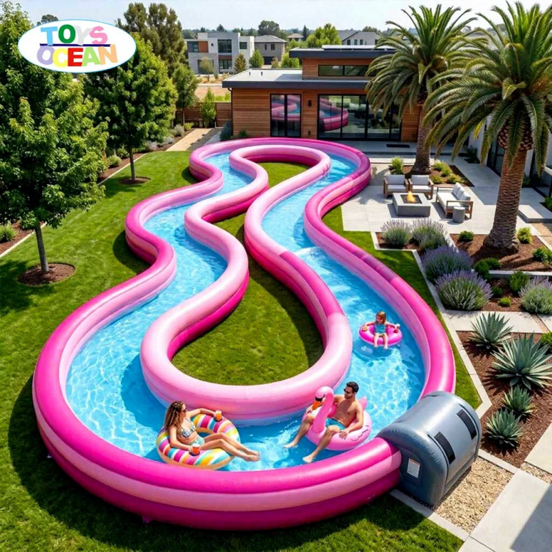 Water Slide Inflatable - 상업용 풍선 레이지 리버, 핑크 웨이브